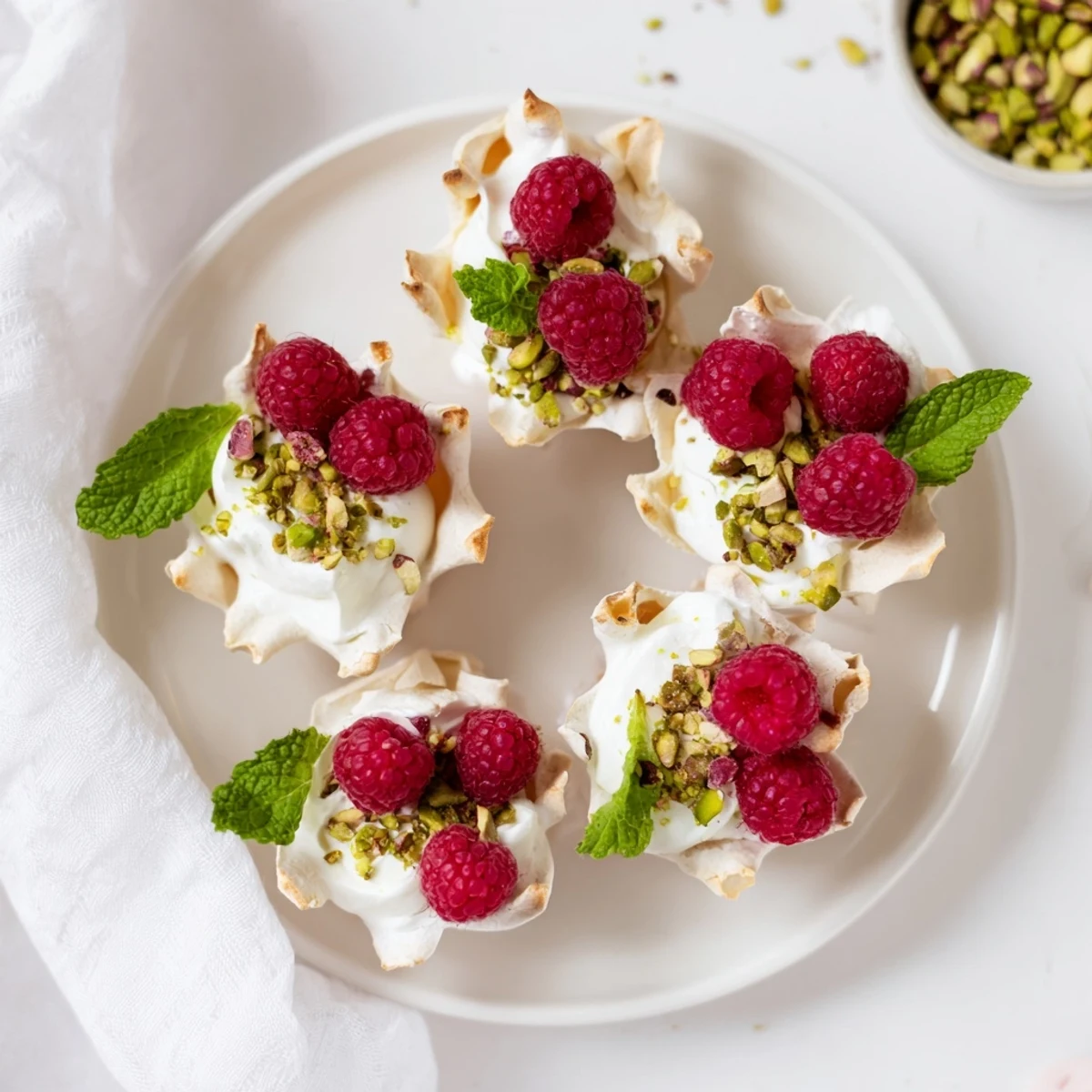 Golden pistachio meringue nests filled with whipped cream and topped with fresh raspberries