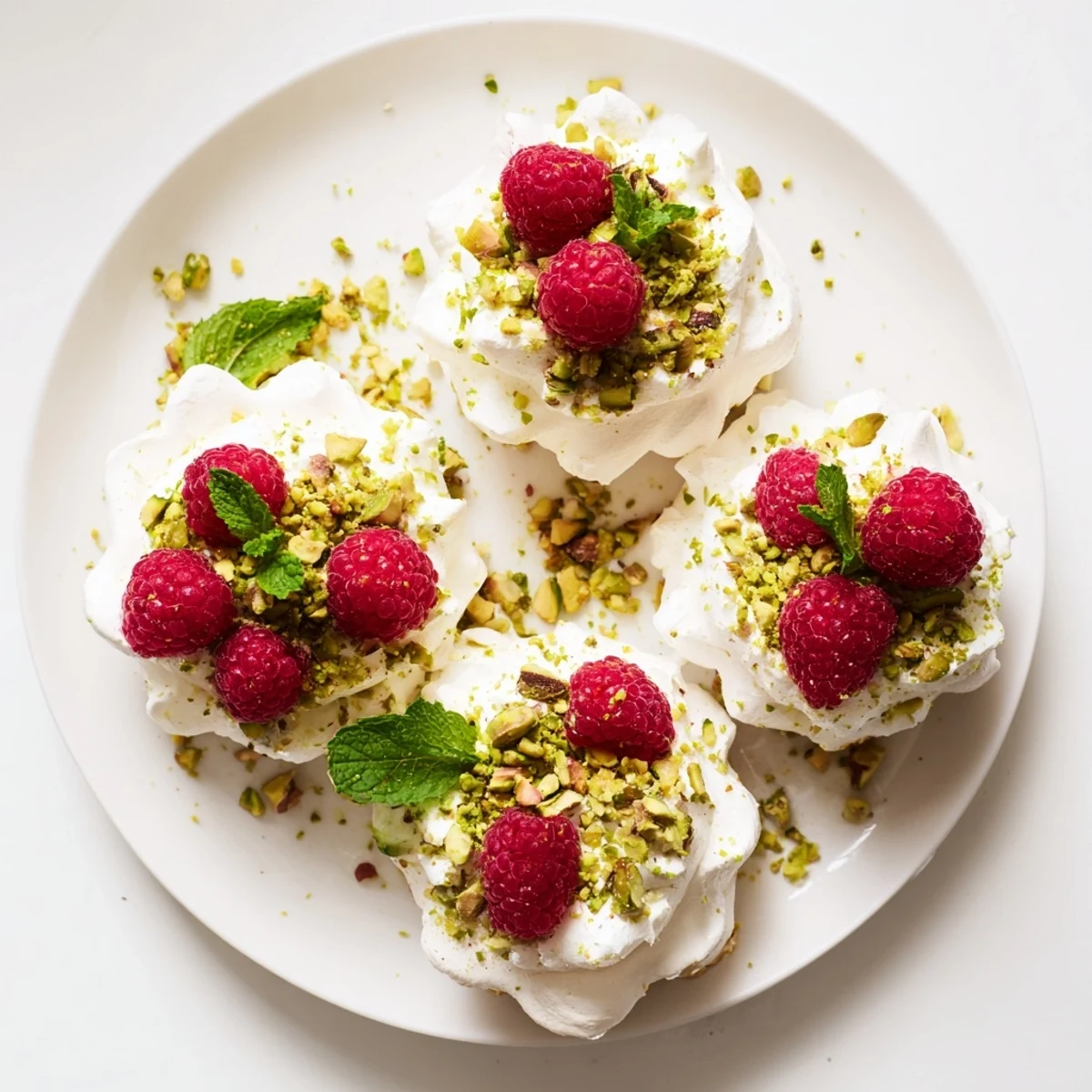 Crisp meringue dessert with ground pistachios, cream filling, and juicy red raspberry garnish