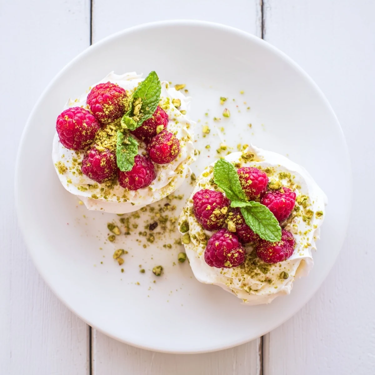 Spring dessert featuring light pistachio meringue nests topped with berries and whipped cream