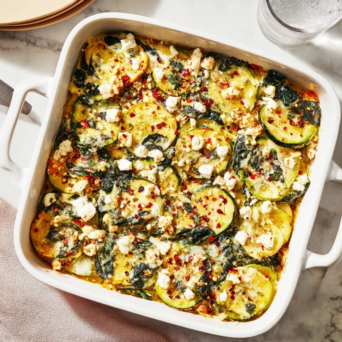 Golden baked zucchini spinach feta casserole with bubbling cheese topping on a white plate
