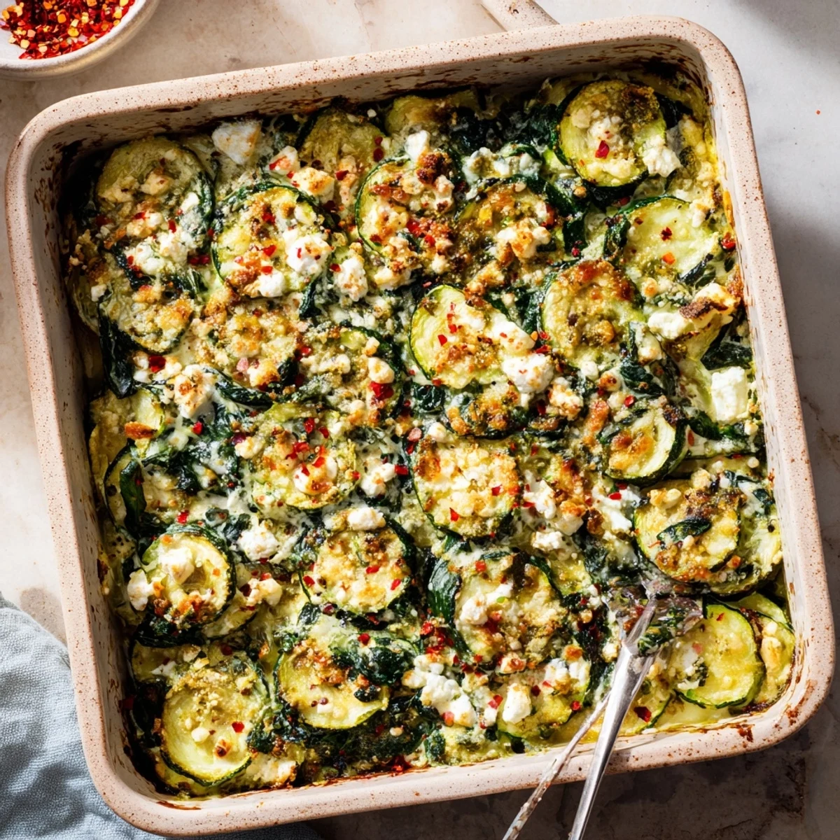 Sliced baked zucchini spinach and feta casserole showing layers of tender vegetables and melted cheese