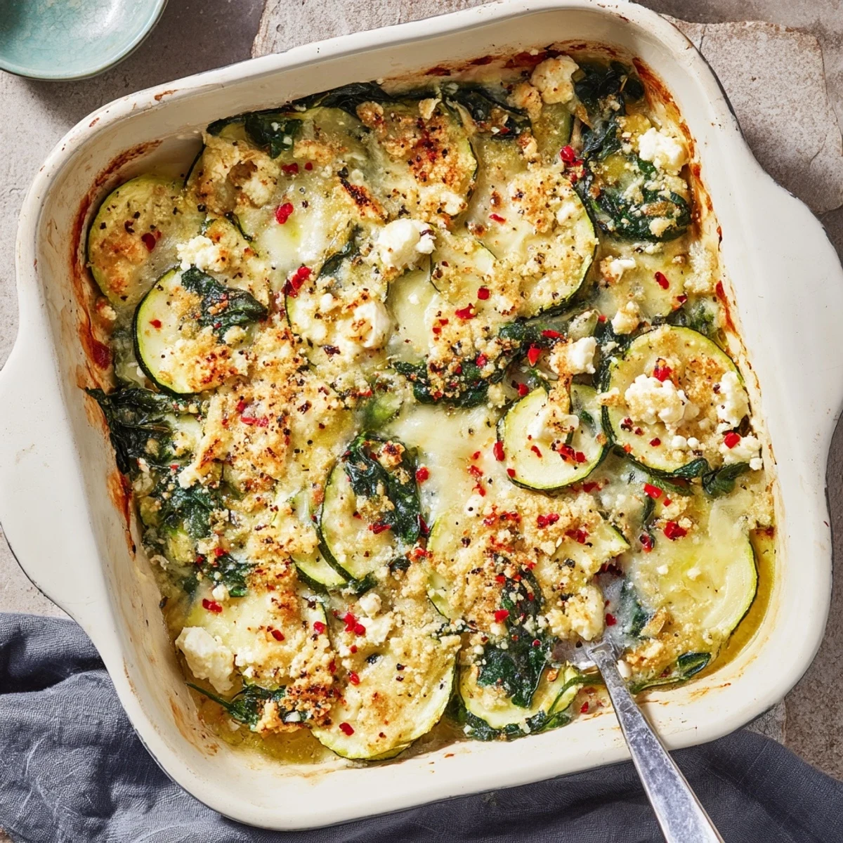 Mediterranean-style baked zucchini spinach and feta casserole served fresh from the oven