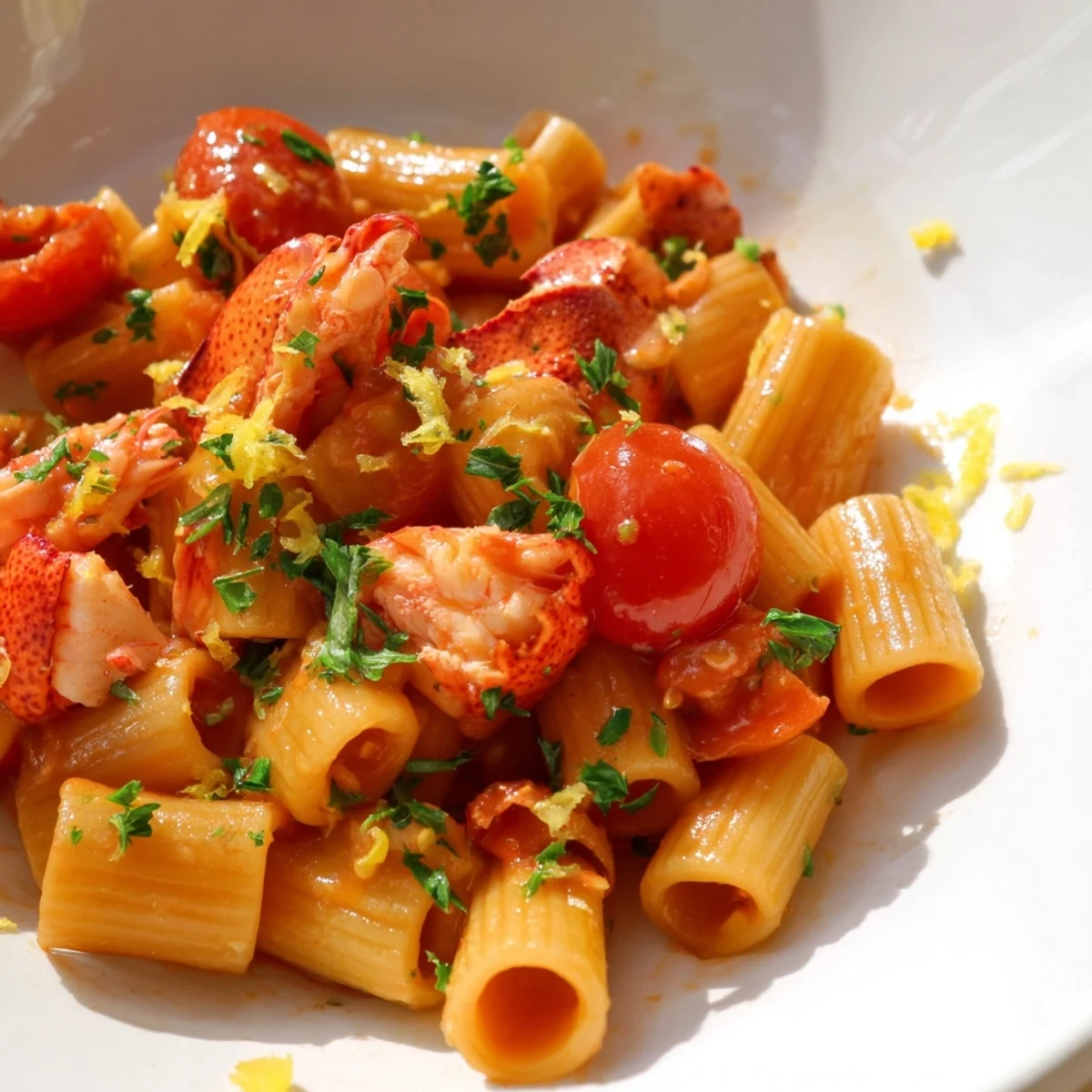 Golden lobster bucatini pasta glistening with garlic tomato sauce and fresh parsley garnish