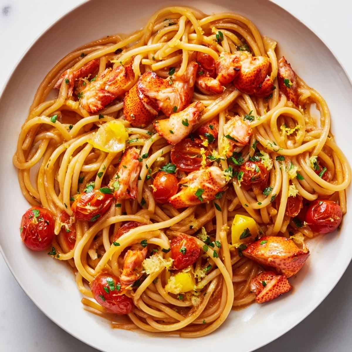 Creamy lobster bucatini pasta dish served on white plate with lemon and cherry tomatoes