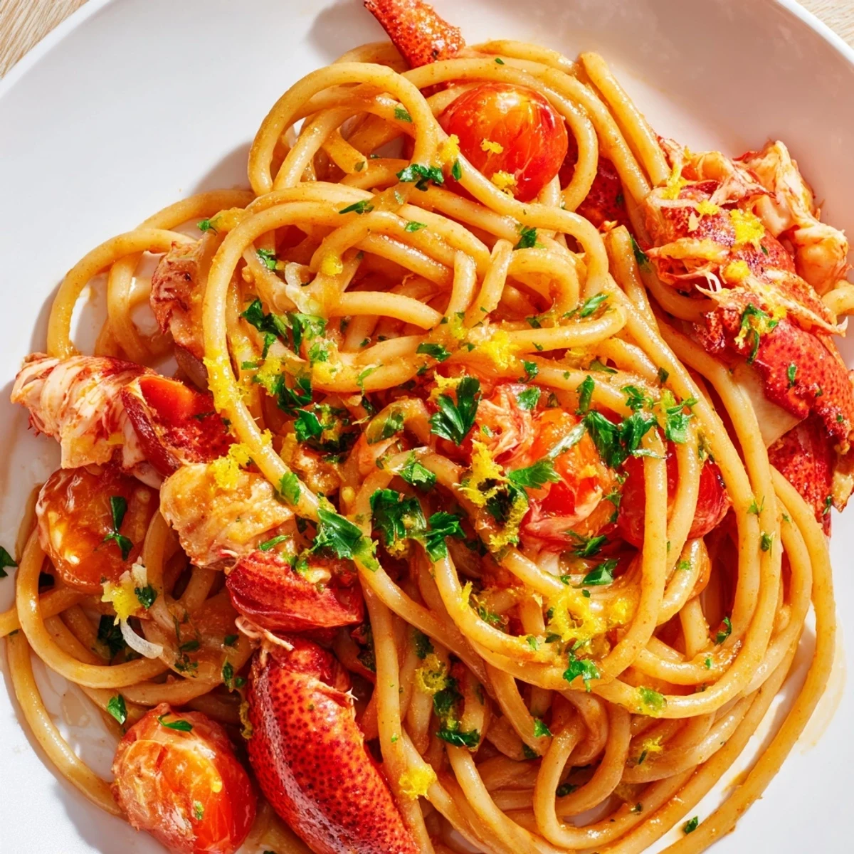 Twisty bucatini coated in rich white wine tomato sauce topped with succulent lobster chunks