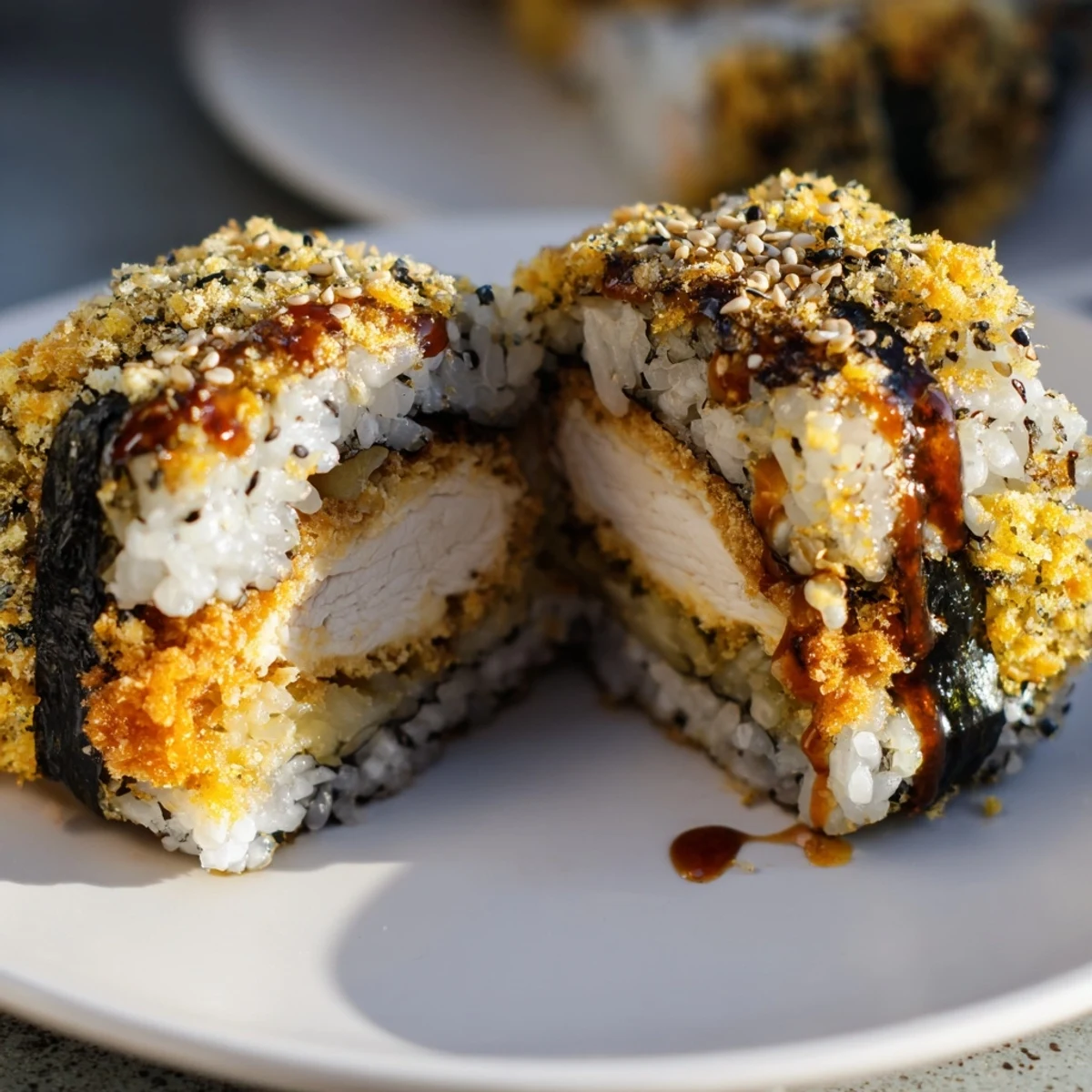 Hawaiian-Japanese fusion chicken katsu musubi with panko-crusted chicken, fluffy rice, and savory tonkatsu glaze