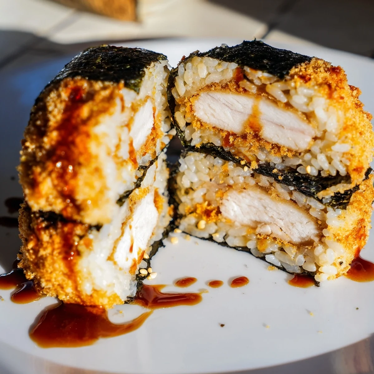Handheld chicken katsu musubi cut in cross-section revealing the crispy chicken, rice layers, and black nori wrapper