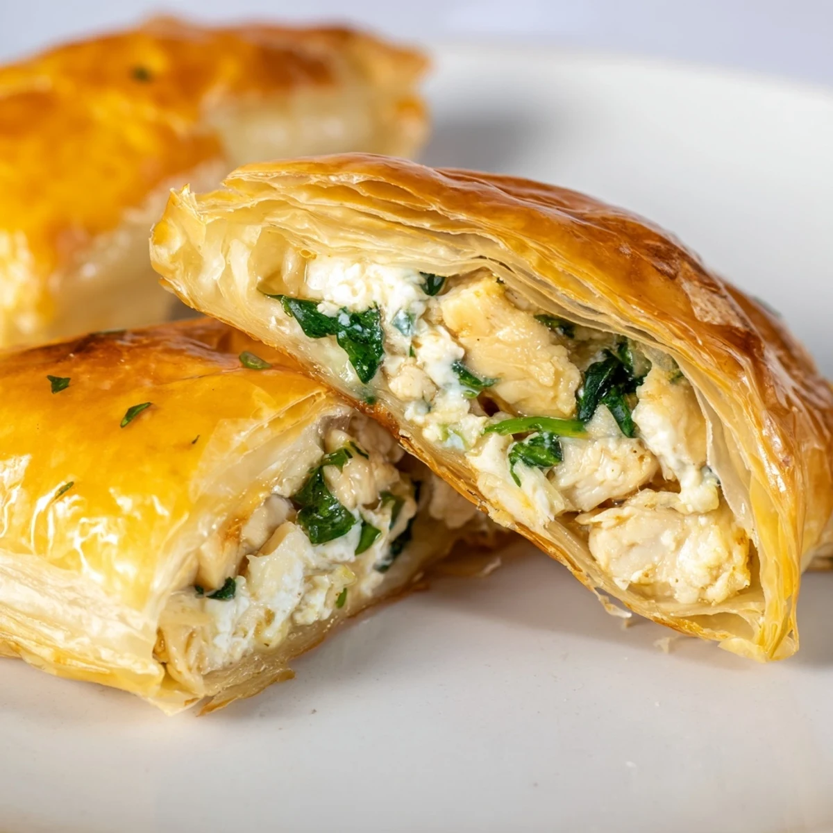 Golden rustic chicken ricotta and herb pie with flaky pastry crust on serving board