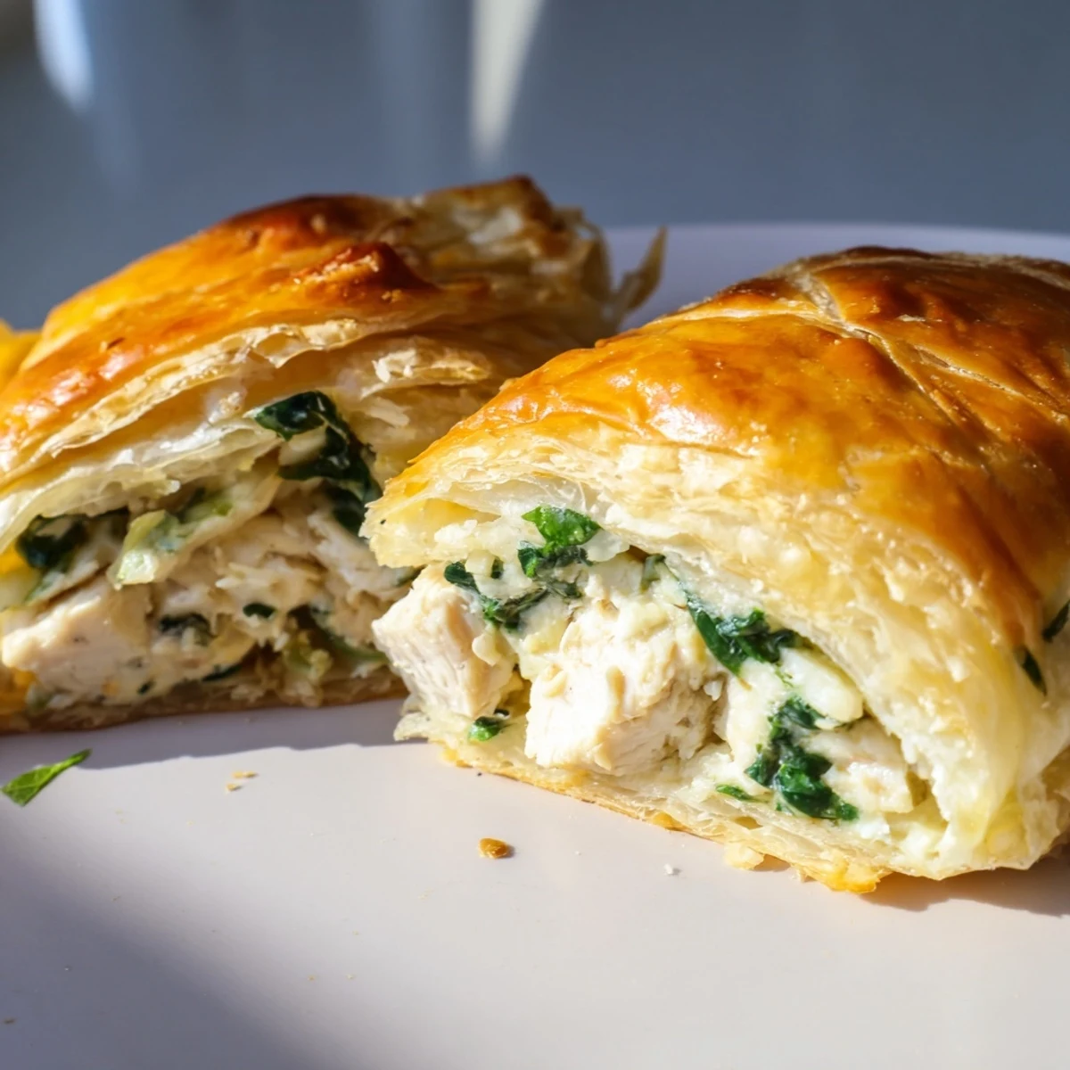 Sliced chicken ricotta herb pie revealing creamy filling with fresh spinach and lemon