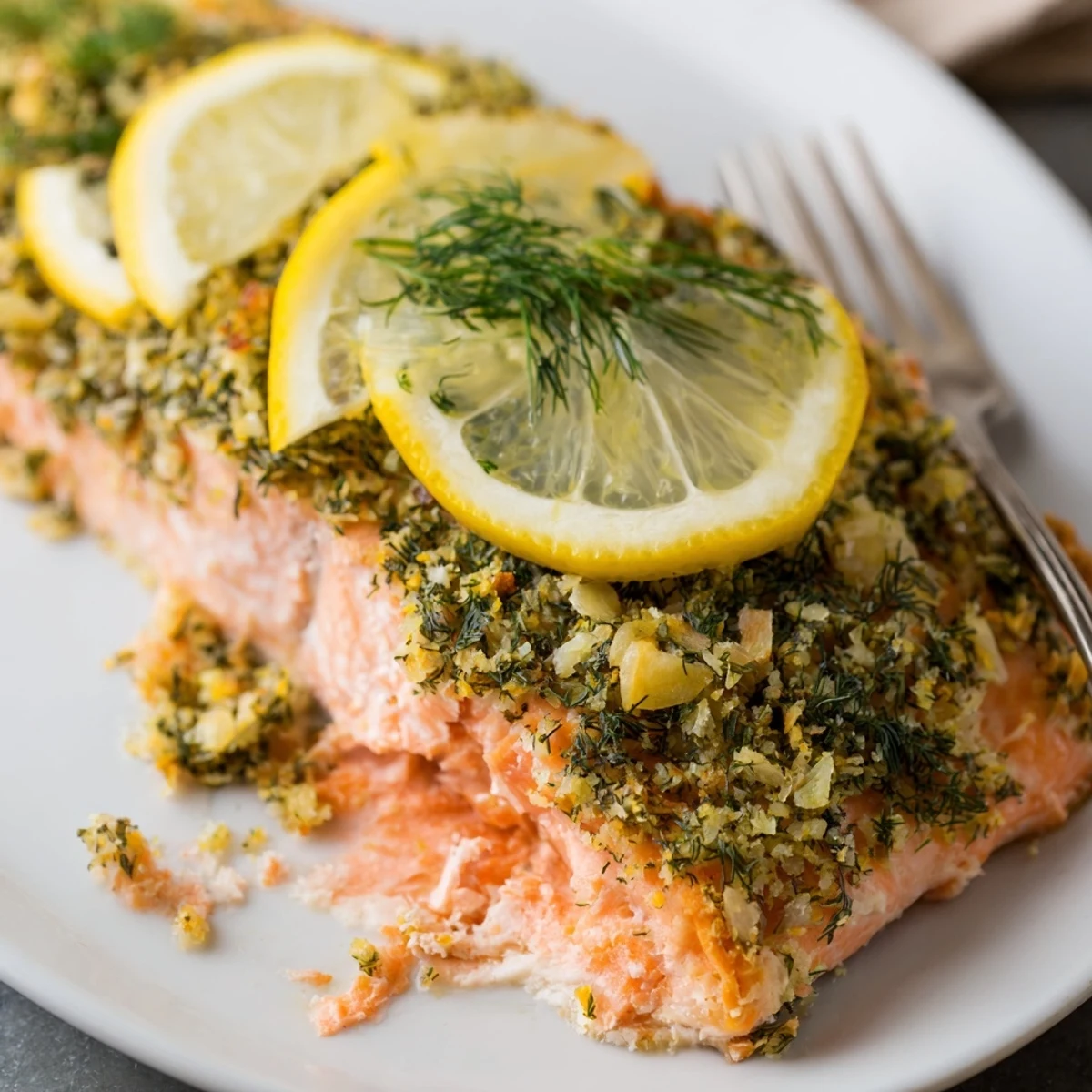 Golden baked dill and lemon salmon fillet with fresh herbs and zesty citrus slices on a white plate