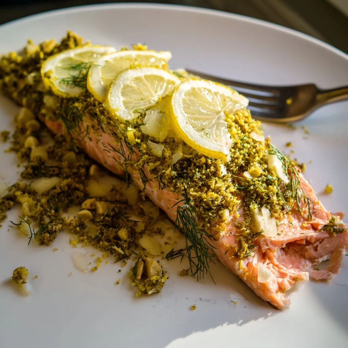 Perfectly cooked salmon with bright dill and lemon seasoning served hot for a healthy dinner