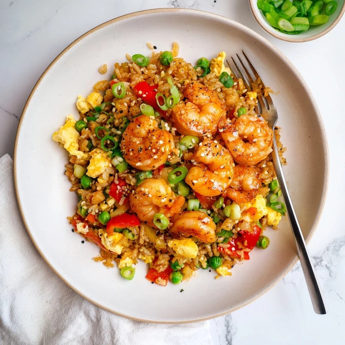 Steaming bowl of sweet chilli fried rice topped with succulent garlic prawns and fresh herbs