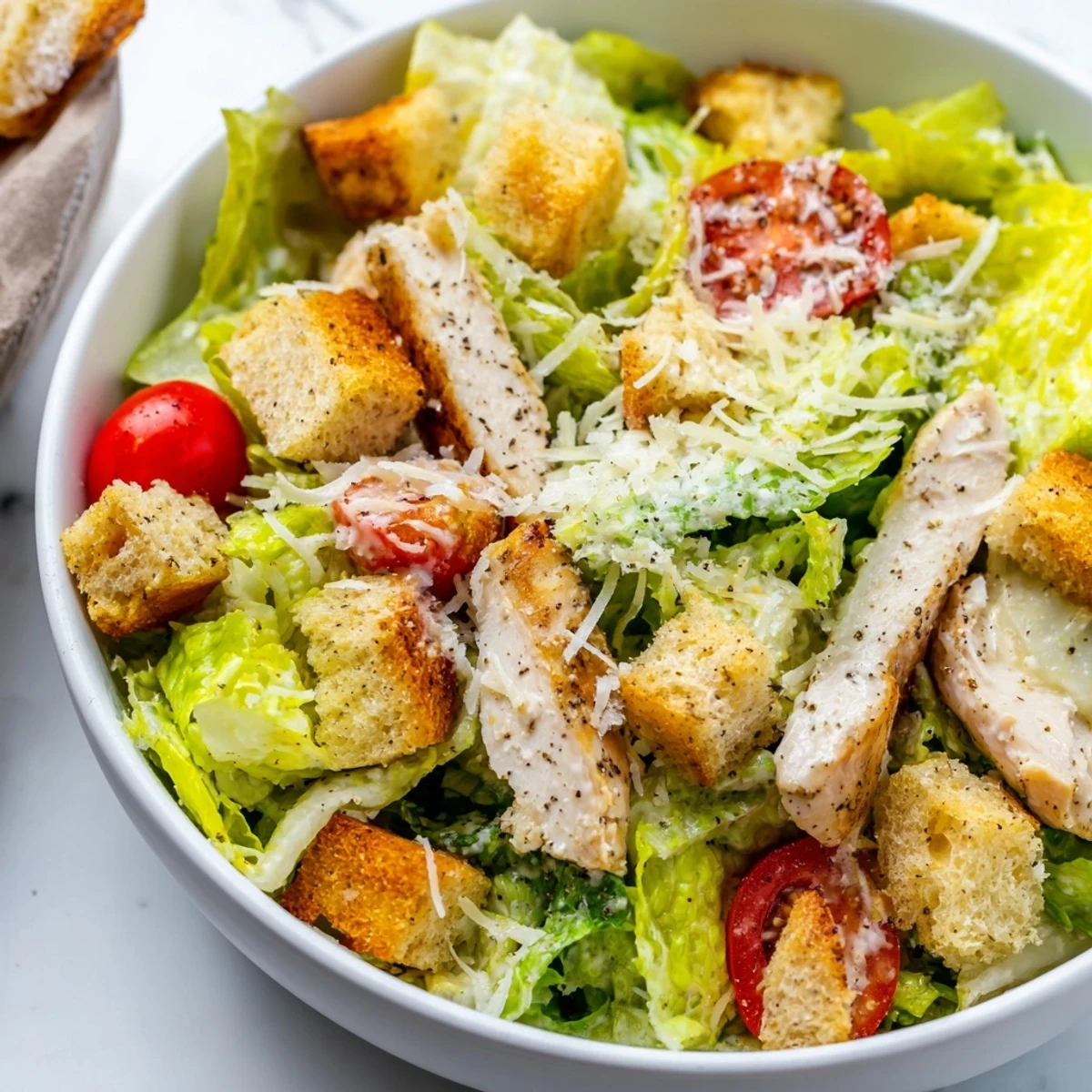 Golden grilled chicken slices rest over crisp romaine lettuce in this Best Chicken Caesar Salad