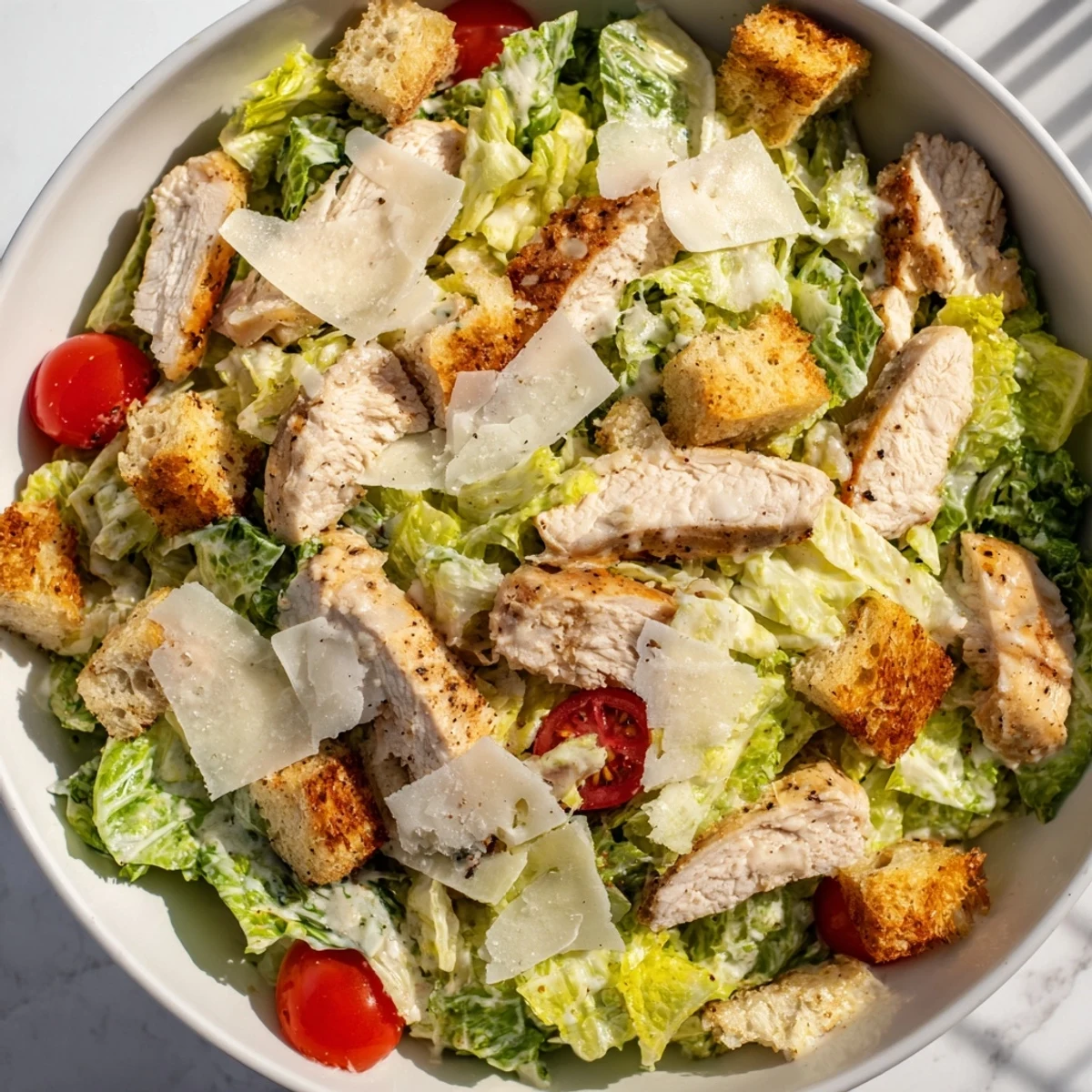 Sliced grilled chicken tops crunchy croutons and shaved Parmesan in this Best Chicken Caesar Salad