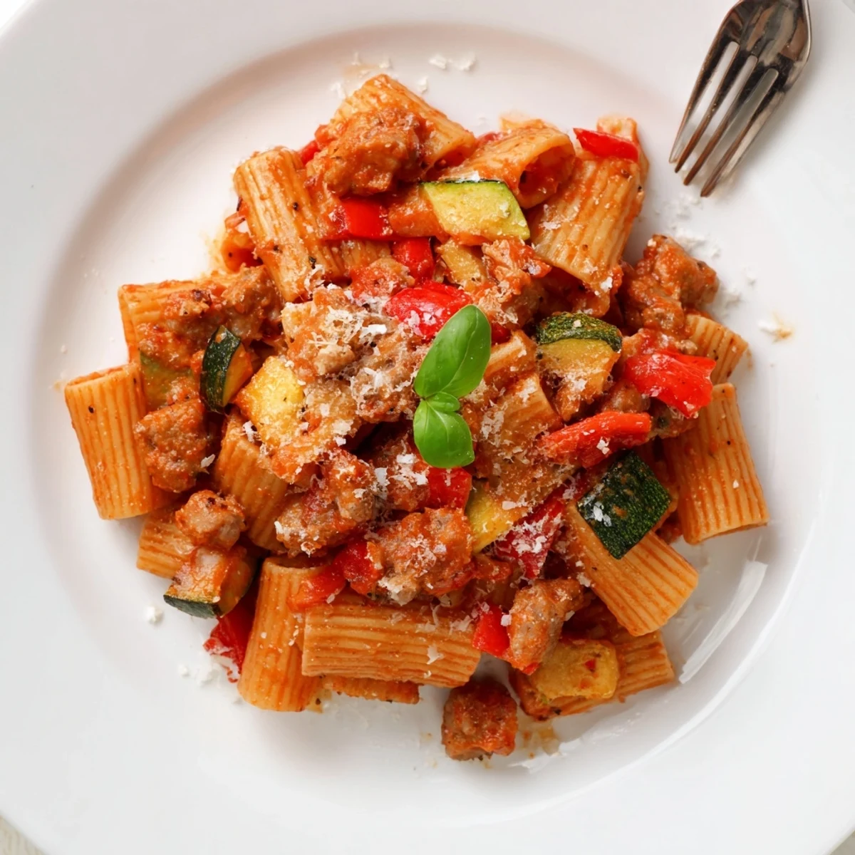 Steaming one pot sausage pasta with crumbled Italian sausage, penne noodles, and zucchini in rich tomato cream sauce