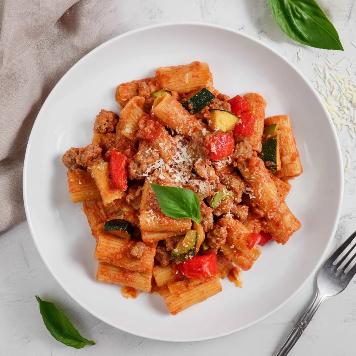 Hearty one pot sausage pasta dish plated with grated Parmesan, fresh basil garnish, and tender vegetables