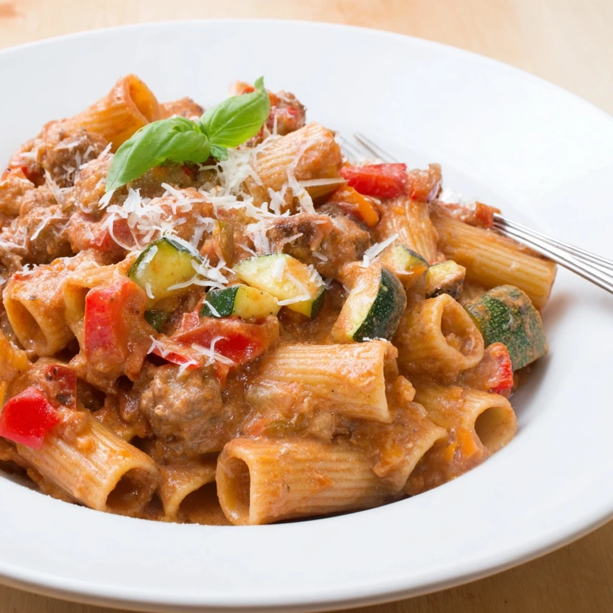 Creamy one pot sausage pasta close-up showcasing al dente rigatoni, bell peppers, and savory tomato broth