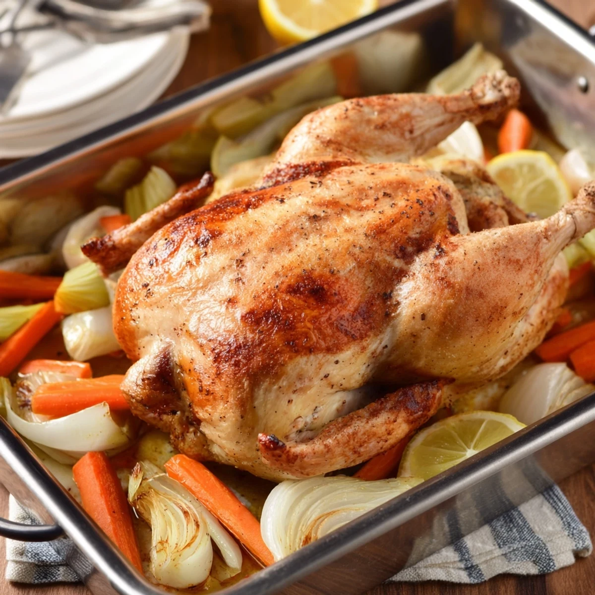 Golden roast garlic and lemon chicken with crispy skin served on a white platter surrounded by roasted carrots and onions