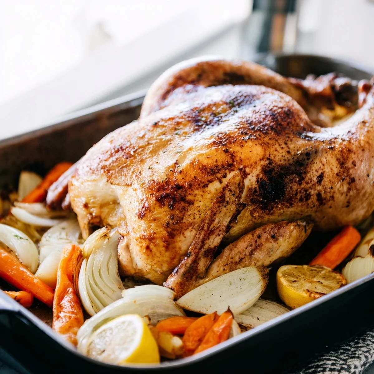 Whole roasted chicken seasoned with garlic and lemon resting on a cutting board with fresh herbs