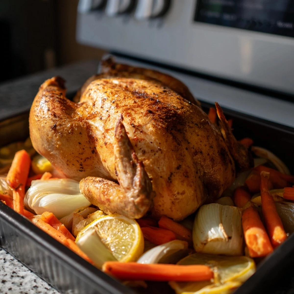 Mediterranean style roast garlic and lemon chicken displayed with vegetable garnish on a rustic wooden serving board