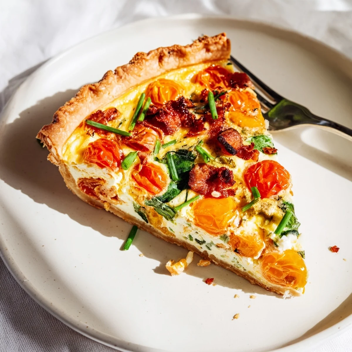 Savory breakfast pastry with creamy egg custard, cheddar, and fresh tomato garnish