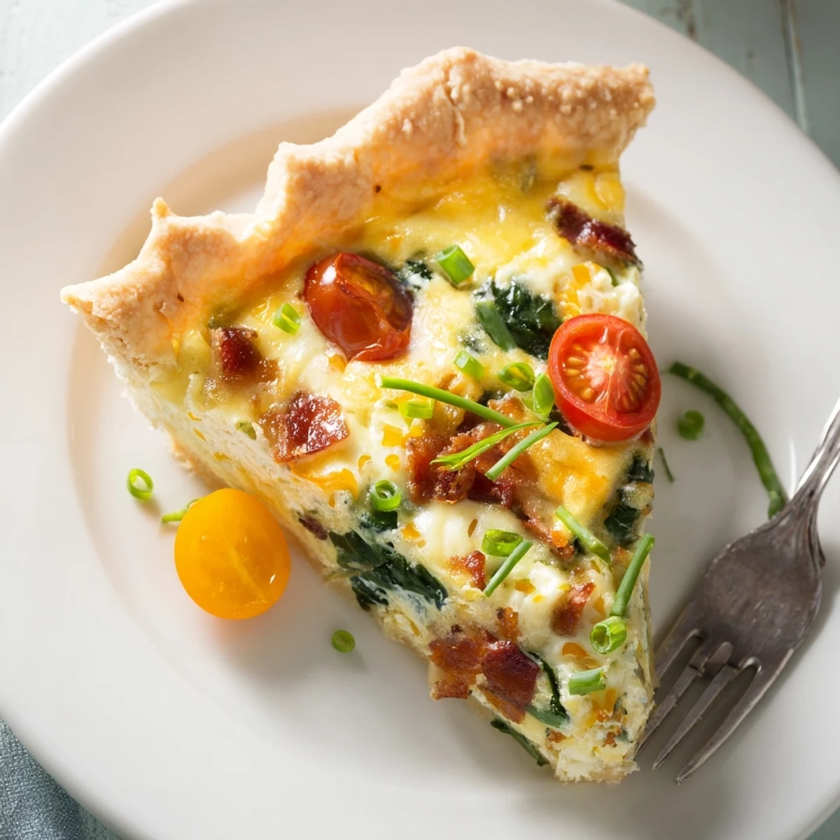 Golden flaky family breakfast tart topped with eggs, crispy bacon, and colorful vegetables