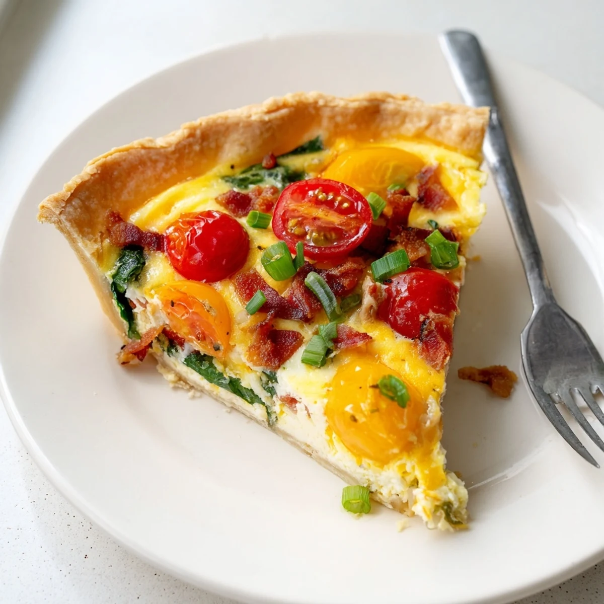 Warm family breakfast tart featuring puff pastry crust loaded with bacon and spinach