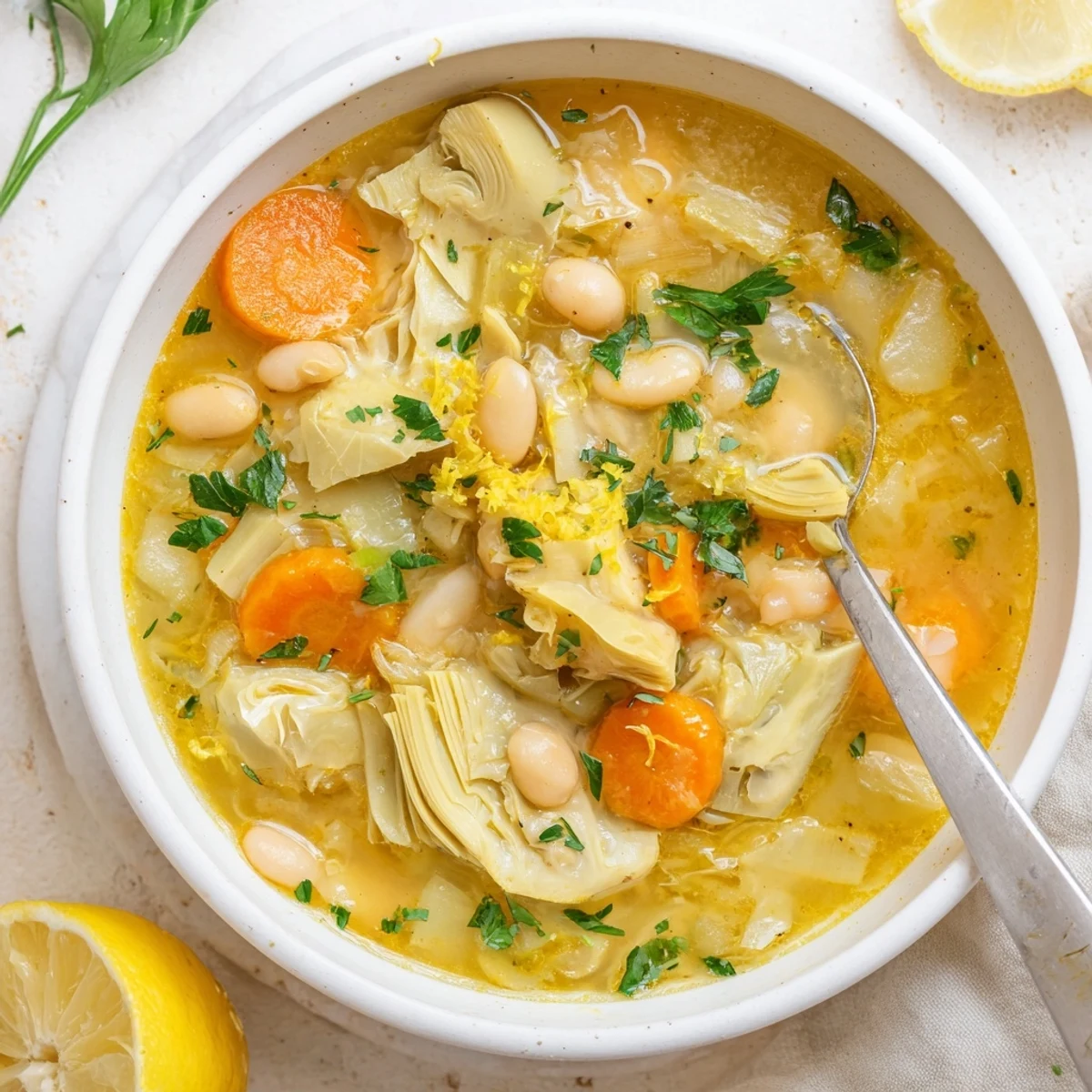 Creamy lemony Tuscan artichoke soup garnished with fresh parsley and Parmesan cheese