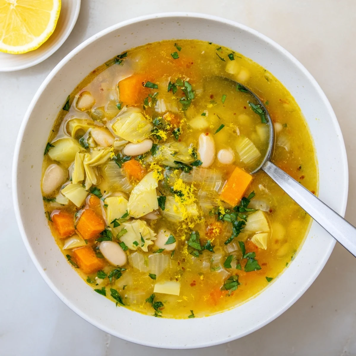 Bowl of zesty Tuscan artichoke soup with tender beans and bright lemon finish