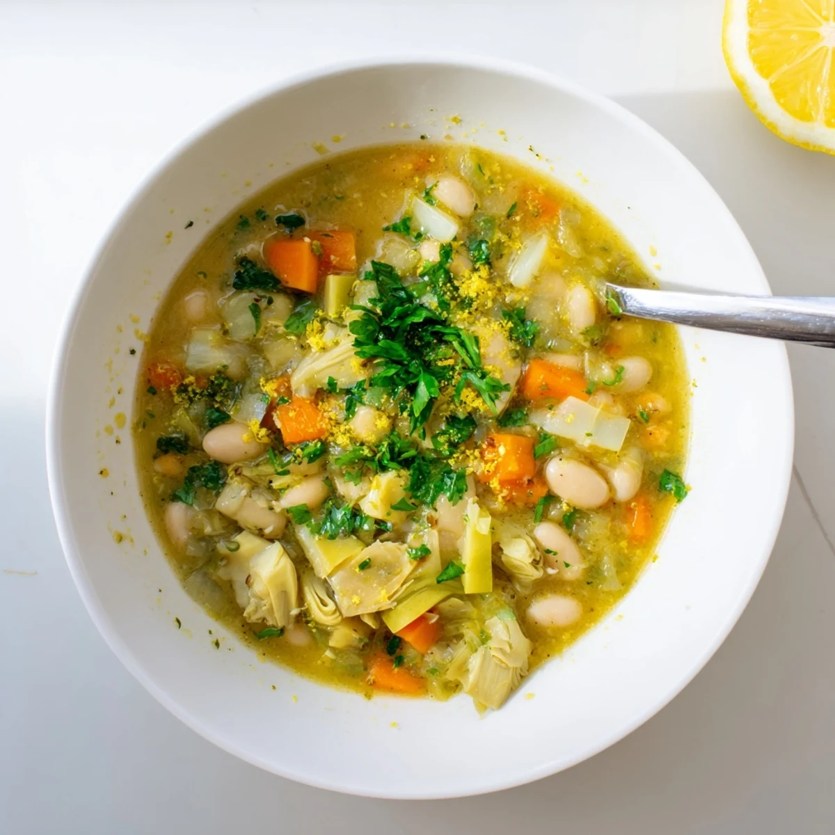 Golden vegetarian artichoke soup simmered with carrots, celery, and fresh herbs