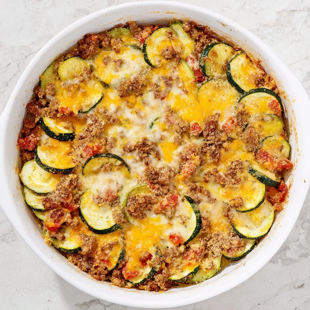 Hearty layered cheesy beef zucchini casserole featuring tender zucchini slices and melted cheese