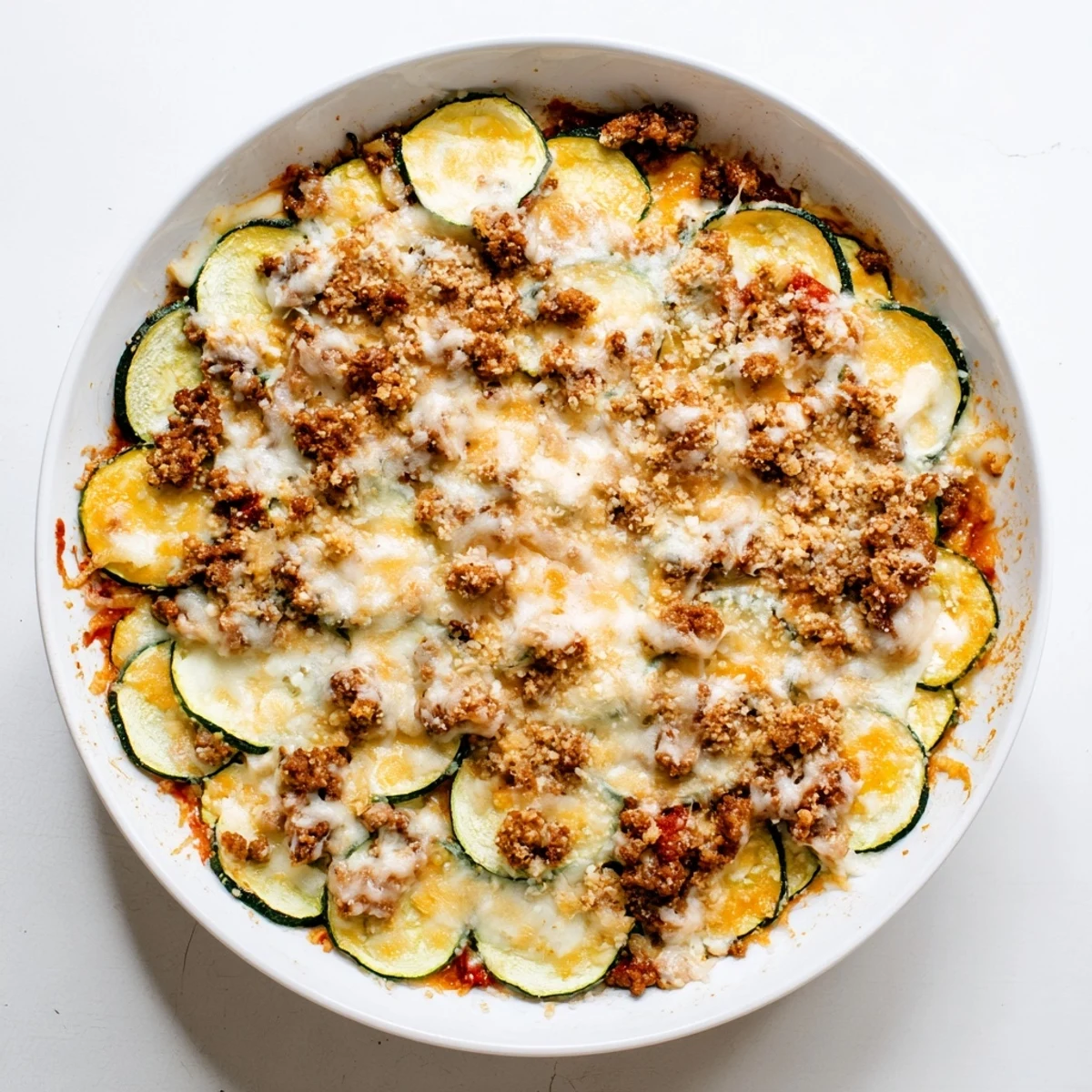 Golden cheesy beef zucchini casserole with bubbling cheddar topping fresh from oven