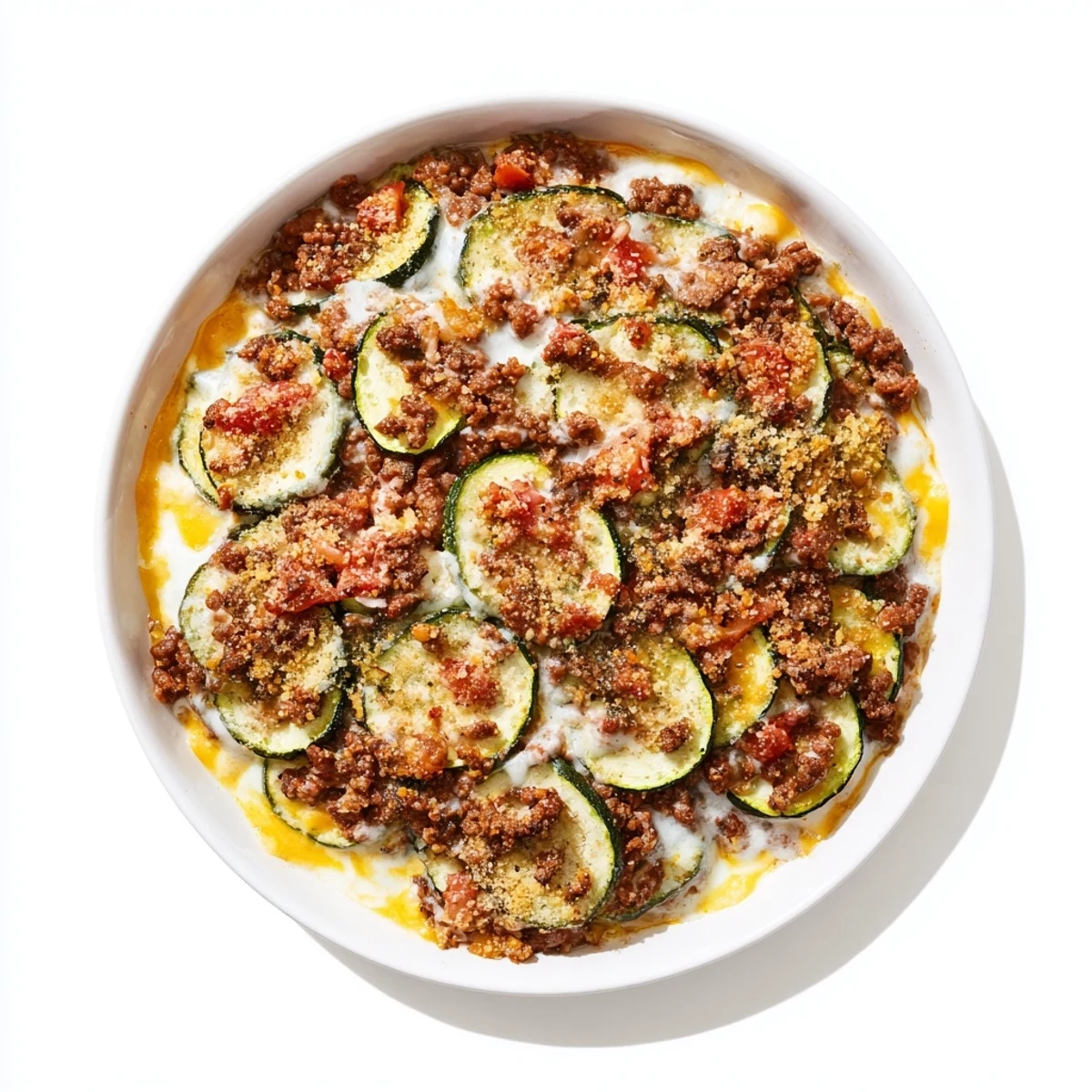 Bubbling cheesy beef zucchini casserole with golden breadcrumb topping and rich beef layers
