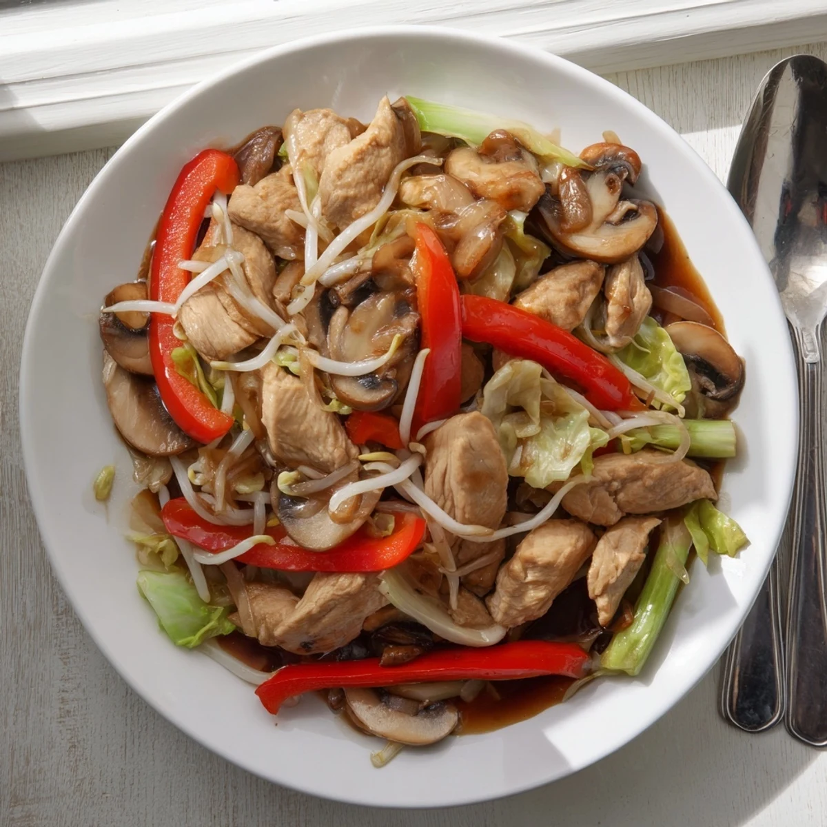 Golden chicken Chop Suey served over steaming white rice with colorful vegetables