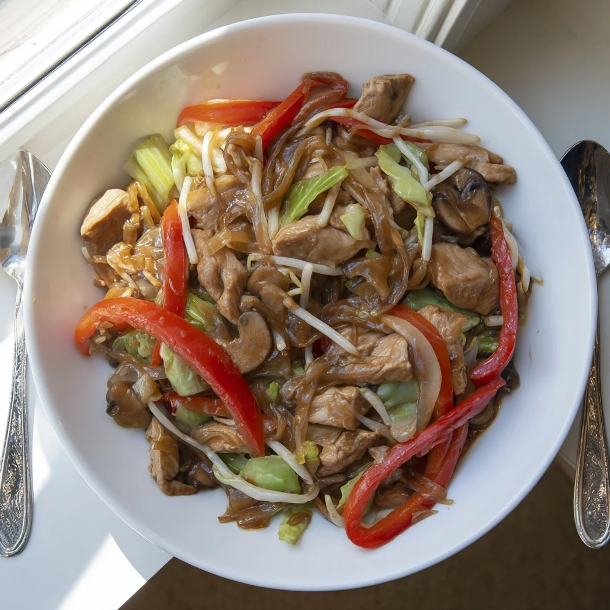 Sizzling wok-tossed Chop Suey with tender pork and crisp cabbage in glossy sauce