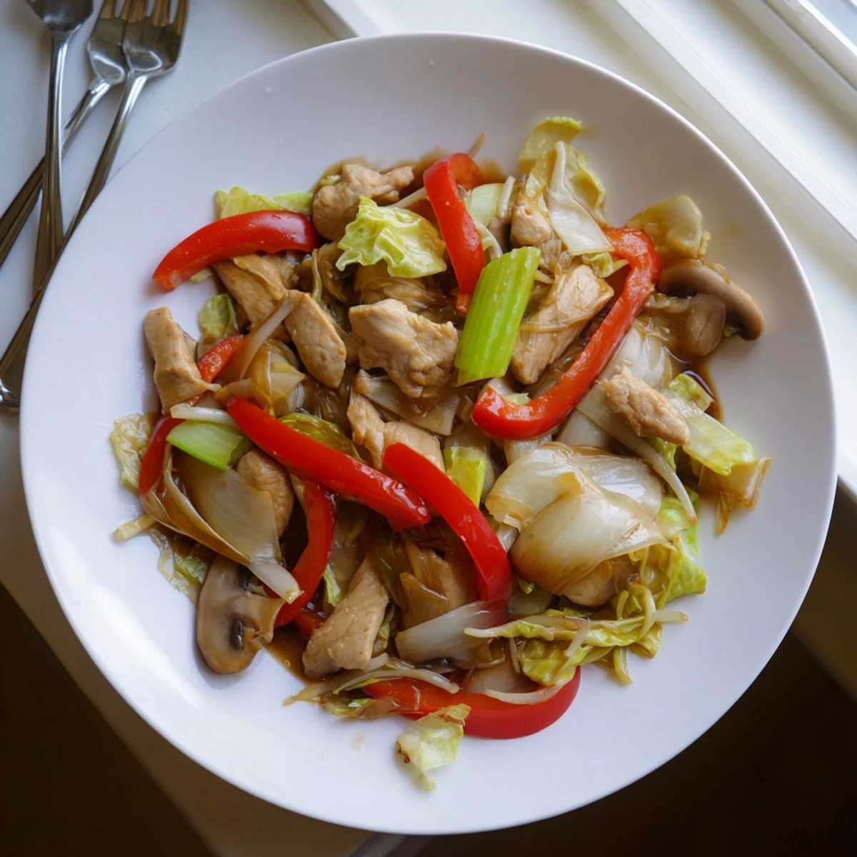 Vibrant vegetable Chop Suey stir-fry featuring bean sprouts and bell pepper slices