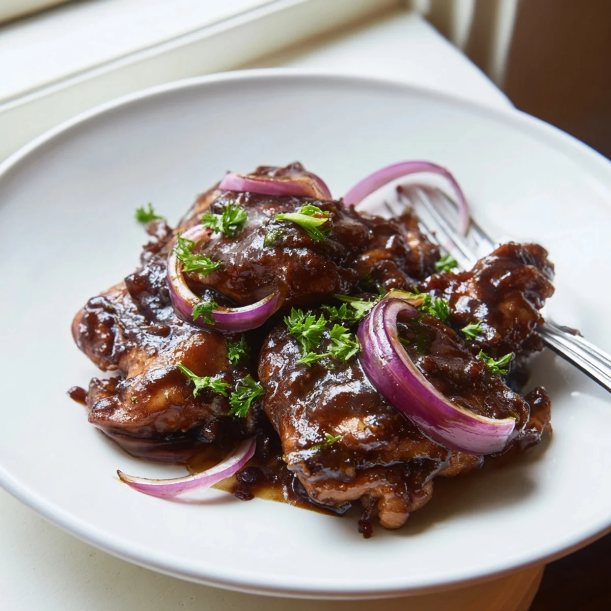 Shredded slow cooker balsamic chicken drizzled with thick reduced sauce over white rice
