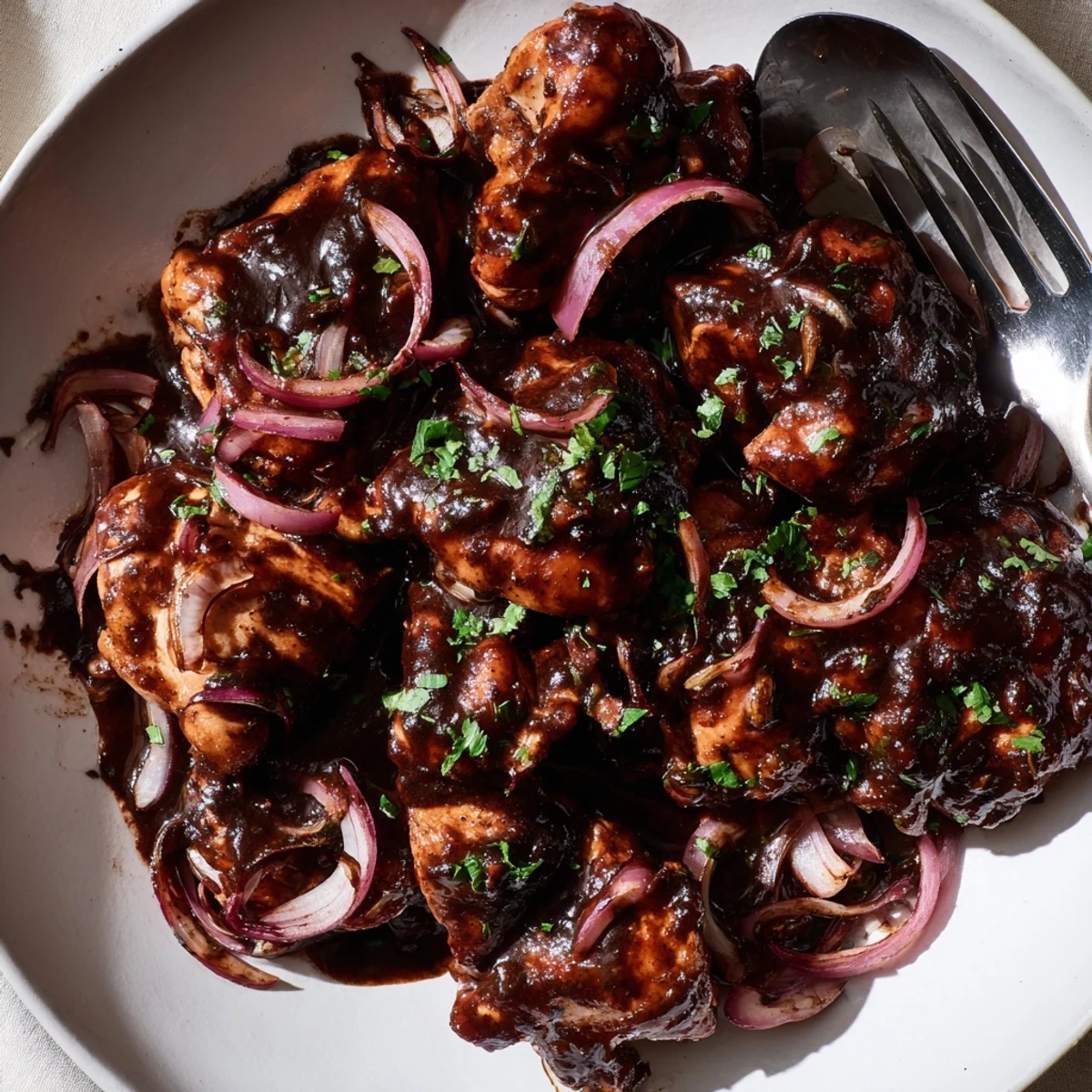 Tender chicken thighs simmered in tangy sweet balsamic glaze with fresh parsley garnish