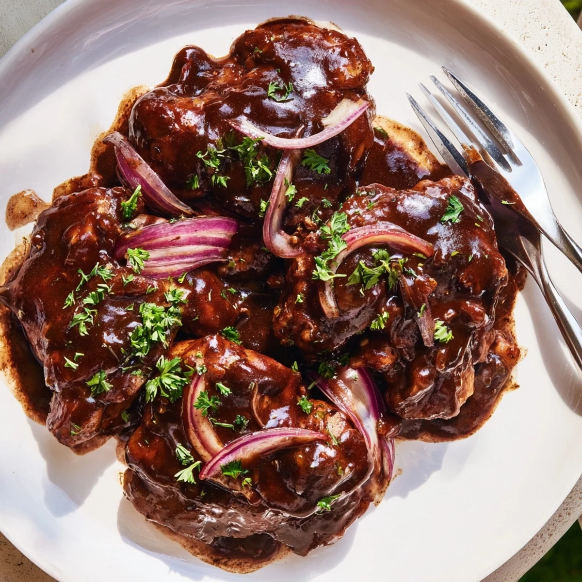 Golden brown slow cooker balsamic chicken thighs coated in rich dark glossy sauce