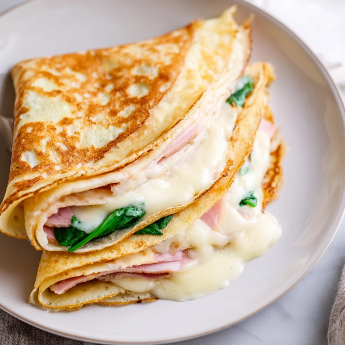 Golden savory crepes filled with melted Gruyère cheese and fresh spinach, folded and ready to serve.