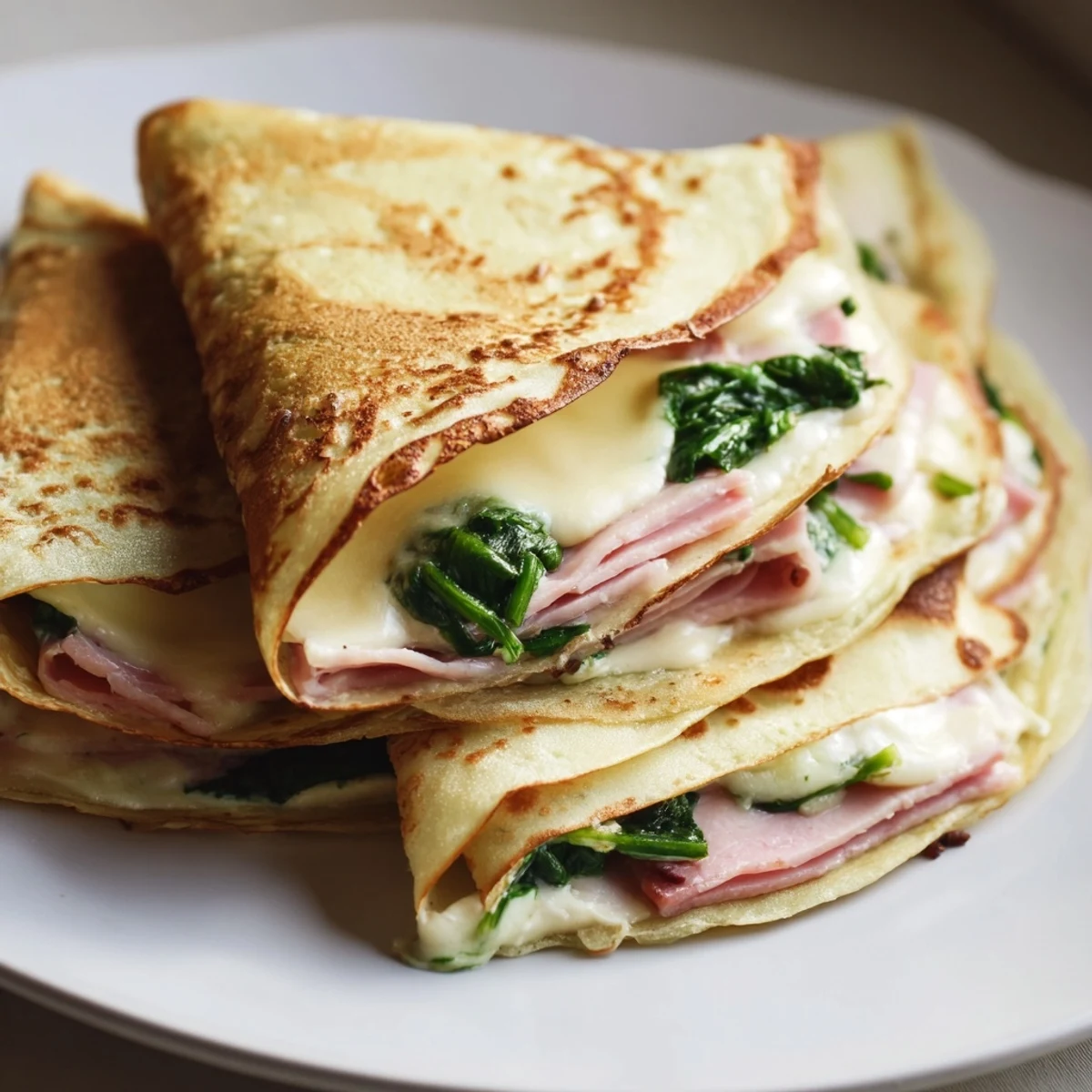 Thin French savory creps rolled with ham and creamy filling, baked until cheese is bubbly and golden.