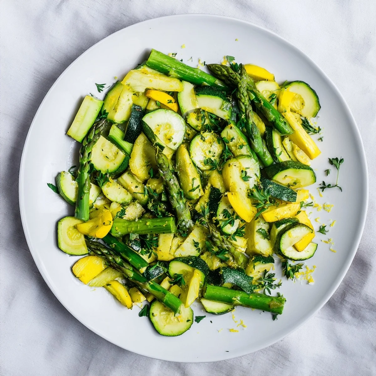 Mediterranean-style vegetable medley featuring tender asparagus, zucchini, and squash garnished with parsley and lemon zest
