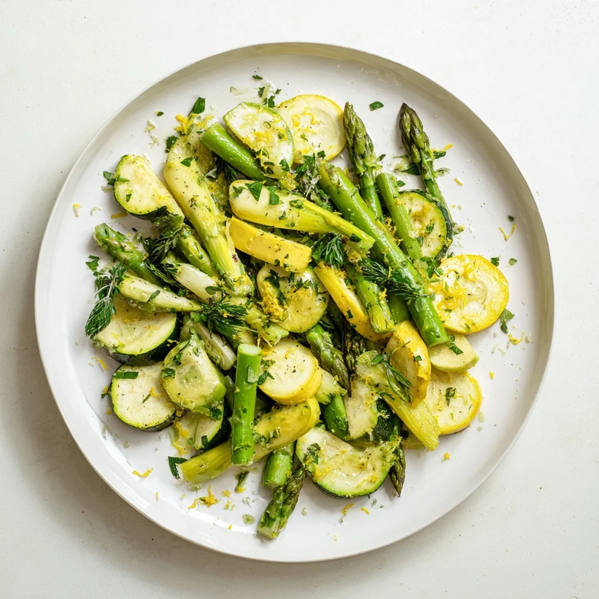 Colorful skillet of asparagus with zucchini and yellow squash sautéed with garlic and fresh herbs