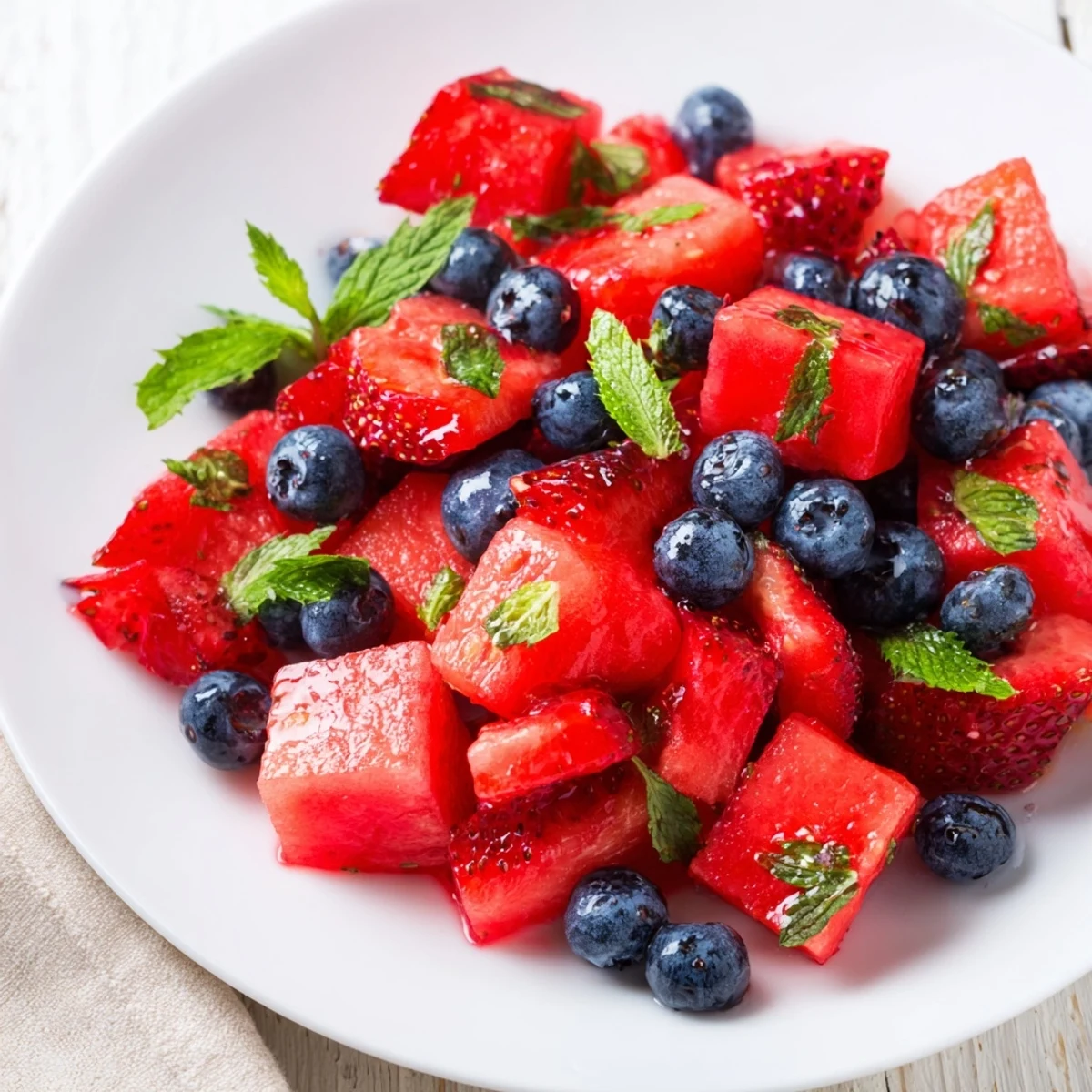 Fresh strawberry watermelon salad drizzled with tangy honey lime vinaigrette and mint