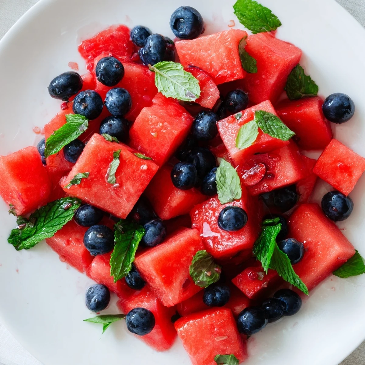 Vibrant summer bowl of juicy watermelon and sweet strawberries in honey lime dressing