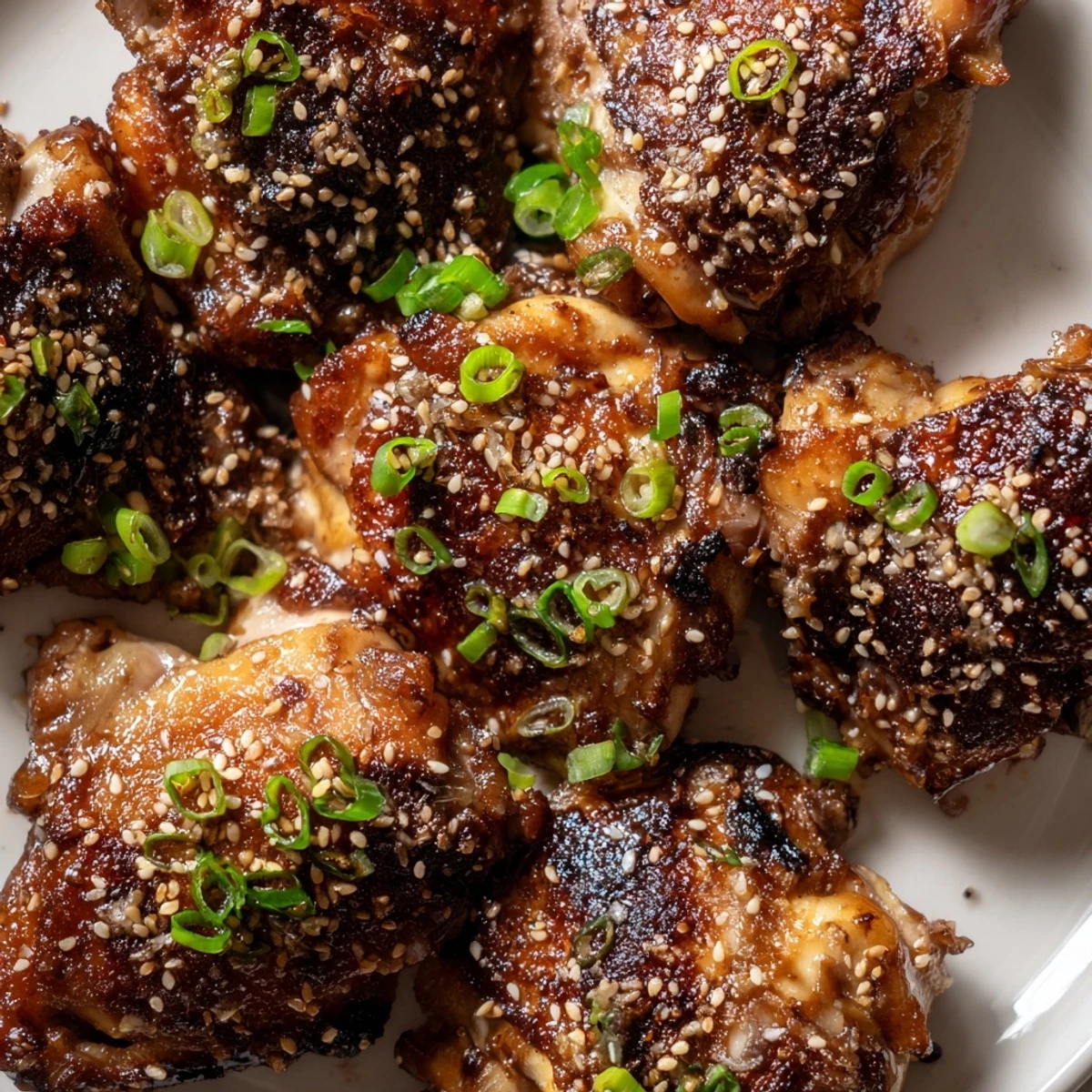 Tender juicy Garlic Miso Chicken served on a white platter with fresh green spring onions