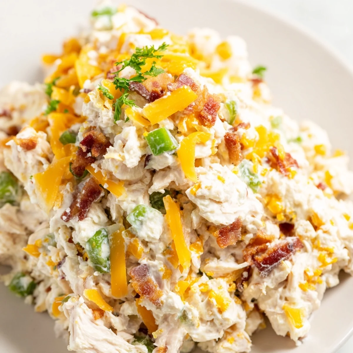 Scoop of zesty cottage cheese chicken salad served in fresh lettuce wraps for keto lunch