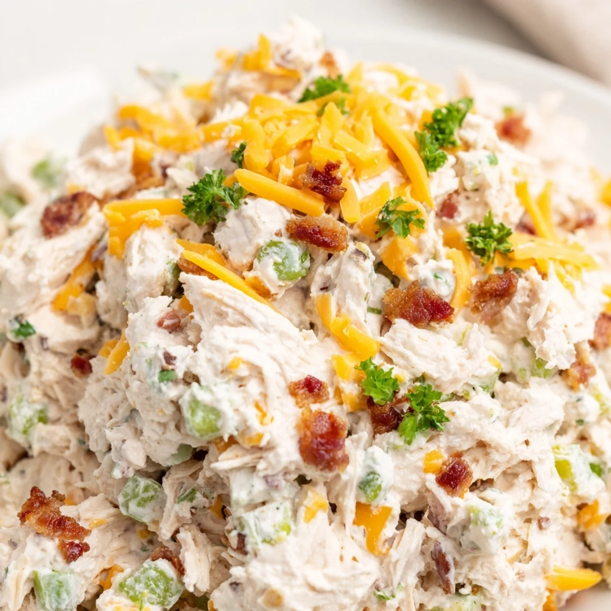 Bowl of high protein jalapeno popper chicken salad with cheddar, diced jalapeños, and green onions