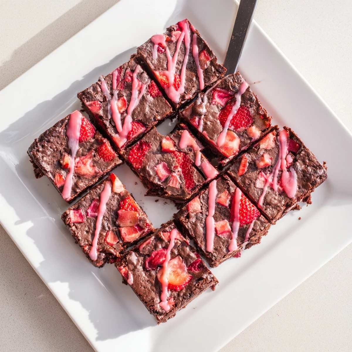 Fudgy easy strawberry brownies with juicy strawberry chunks drizzled with sweet pink glaze