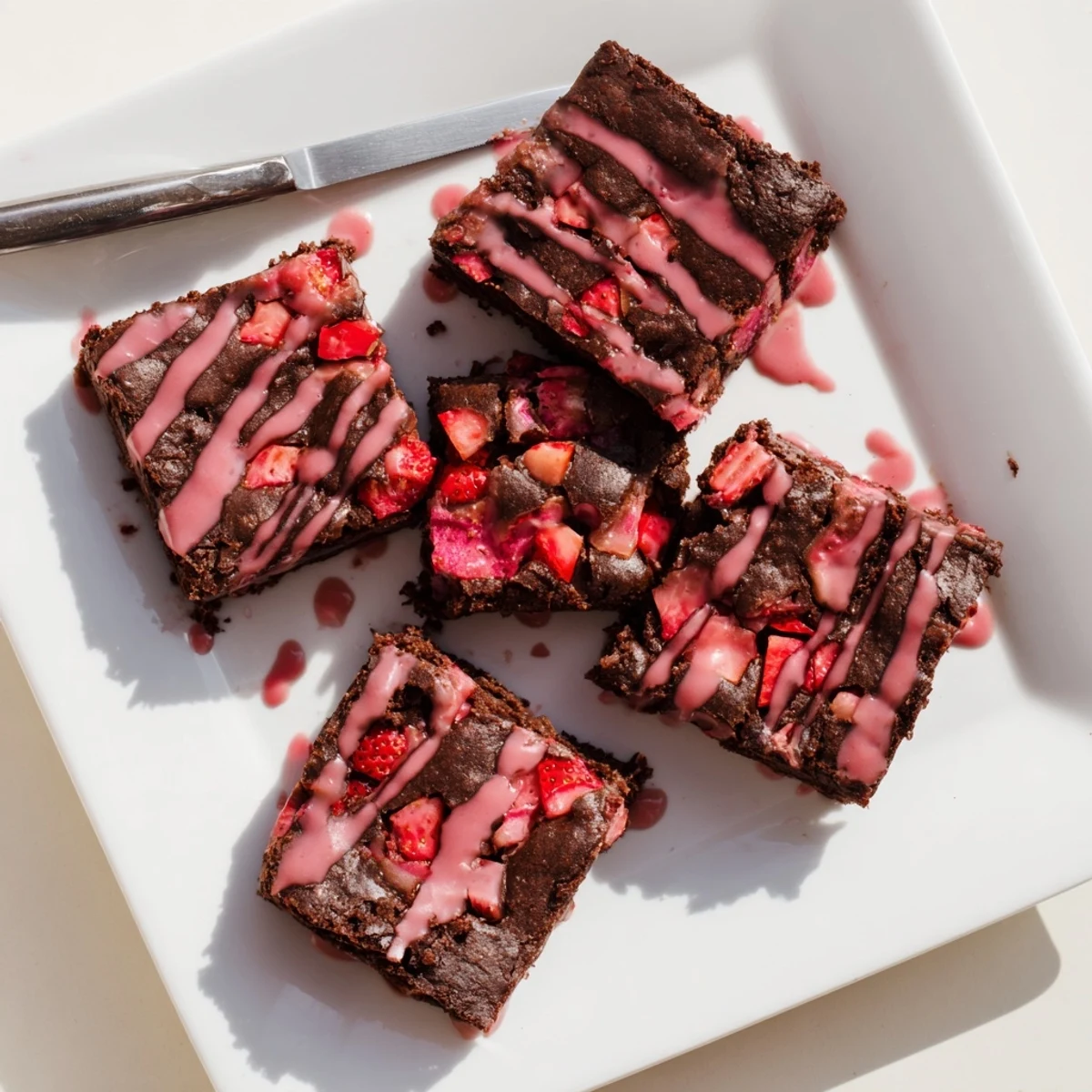 Fresh baked easy strawberry brownies cut into squares on a white serving plate
